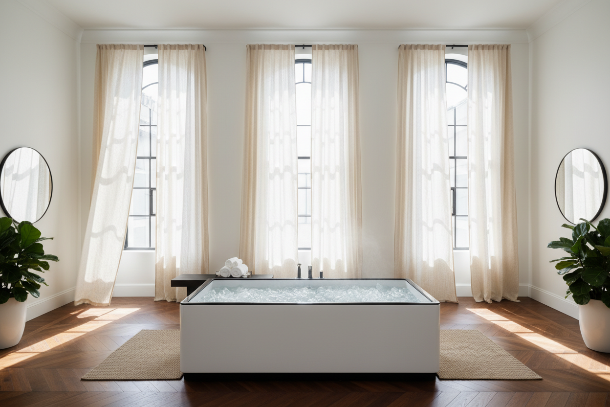 Generate a banner image suitable for a premium online store, but with natural lighting. Feature a photorealistic "Luxury" vibe of a modern architetural high end light and welcomign relaxing wellness room with a dark wood parwut flooring highe celiing and arched windows with balkcdetails and linens curtains and white walls and an ice plunge with ice inside as the clear focus. The surrounding scene, mood, and setting should be designed entirely around the product — whether indoor or outdoo